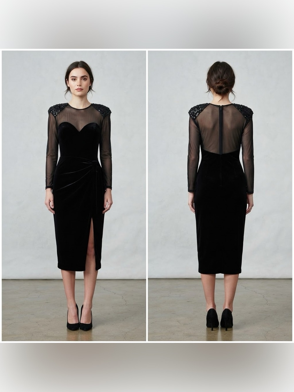 Vintage 90s Y2K Betsy & Adam Womens 12 Black Velvet Mesh Lace Midi Stretch Dress